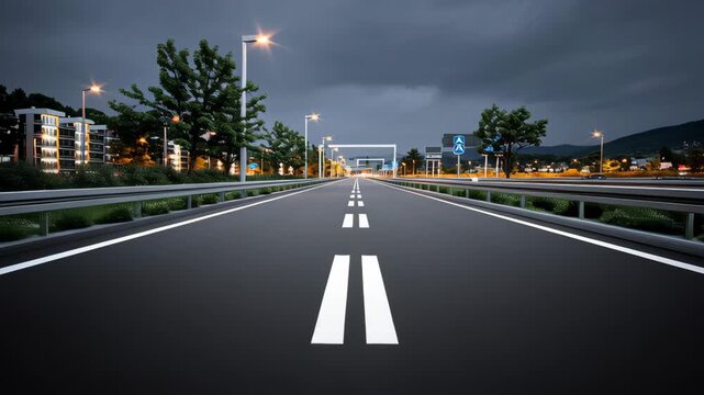 Roadway progression showcasing illuminated street signs, trees lining the sides, and a clear asphalt surface leading into the distance under a cloudy evening sky with urban elements visible