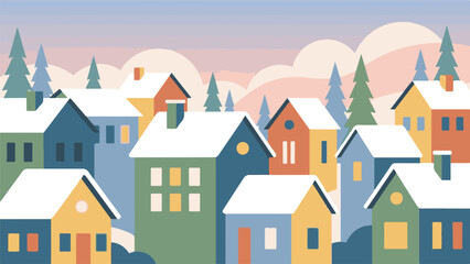 Stylized winter village illustration with colorful houses and snow-covered roofs © Tahphoto