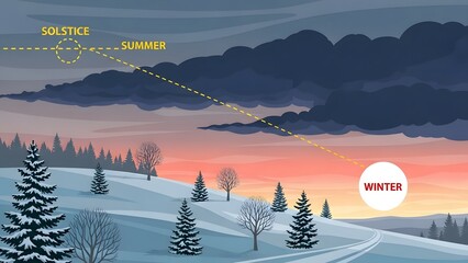 An illustration of a snowy landscape with trees and a road and a white circle with red text that says winter and a yellow dotted line