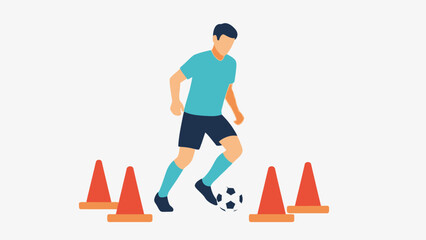 Young Male Soccer Player Dribbling Football Between Training Cones, isolated white background. © Umi