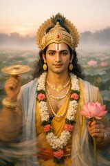 Lord Krishna adorned with jewelry, holding a lotus flower at sunset