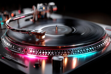 Close up of a vinyl record player with colorful lights