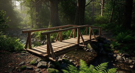 Fototapeta premium Rustic wooden footbridge crossing a rocky stream in a deep, lush forest illuminated by dramatic sunlight.