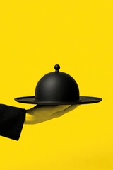 A hand, in a suit sleeve, holding a black tray with dome against vibrant yellow backdrop