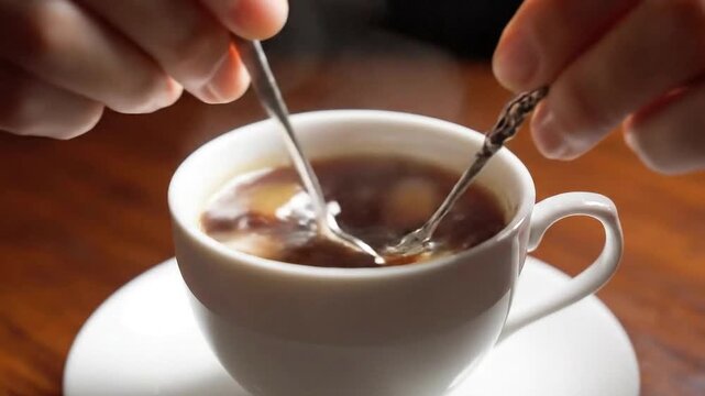 Hot Coffee Stirred with Two Spoons in a White Ceramic Cup Close-up Still Life Beverage Preparation with Rising Steam for Morning Routine 180