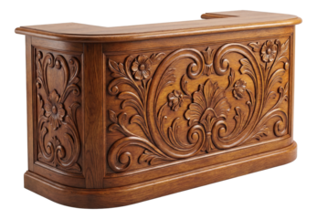 Custom carved wooden reception counter, enhancing a vintage home atmosphere.