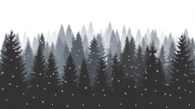 Snowy forest landscape with dark and light gray coniferous trees on white background, falling snowflakes, misty
