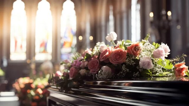coffin decorated with roses in a church animation