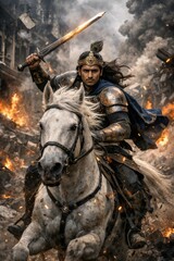 Naklejka premium Warrior on Horseback with Sword in Fiery Battle Scene