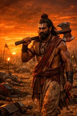 Fototapeta premium Warrior with Axe in Fiery Battlefield at Sunset, Ancient India