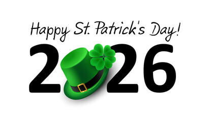 2026 Happy St Patricks Day - Banner with Handwriting, Leprechaun Hat and Shamrock