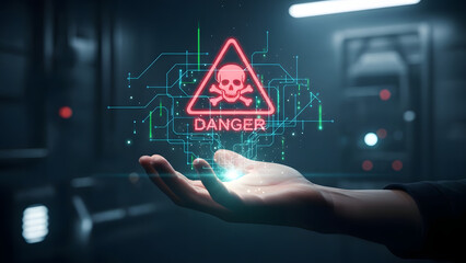 Cinematic Danger Alert Neon Sign with Skull and Crossbones on Futuristic Hand Interface