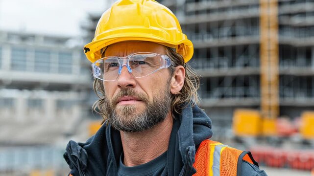 Construction worker in safety gear observing building site with focused expression, showcasing dedication and professionalism while monitoring ongoing construction activities and ensuring safety proto