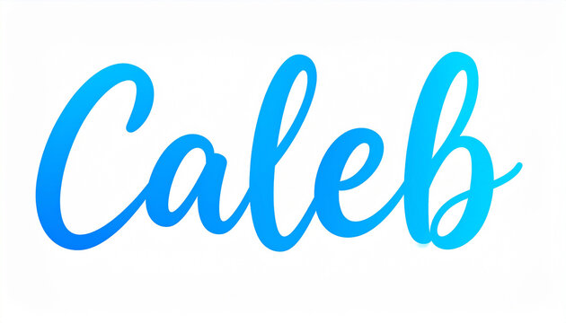 Hand lettering of boy name Caleb in modern brush calligraphy, colorful pastel blue gradient strokes