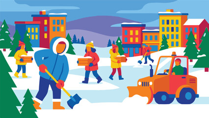Naklejka premium People clearing snow and carrying wood in a snowy winter city