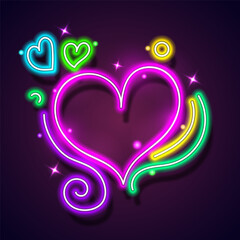 Colorful neon light heart icon. Glowing bright hearts retro neon sign frame on dark background. Elements valentine day festival design.