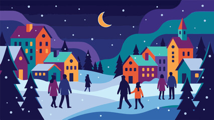 Naklejka premium Festive Winter Night Scene: Colorful Village, People, and Northern Lights