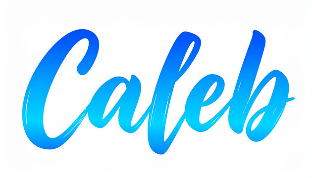 Hand lettering of boy name Caleb in modern brush calligraphy, colorful pastel blue gradient strokes