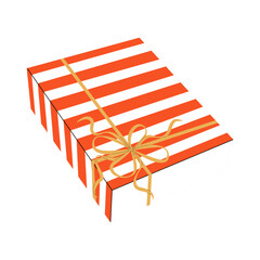 A white gift box with wide orange stripes, a yellow bow, and ribbon on a white background. A festive gift box for New Year's, birthdays, and other occasions