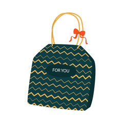 A green gift bag with an orange bow on the handle on a white background. Paper gift bag, packaging. A festive gift box for New Year's, birthdays, and other occasions.