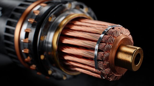 Close-up of a detailed electrical rotor, showing copper wire coils and metal components