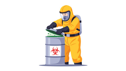 Protective suit clad worker carefully deposits hazardous material into a biohazard waste container, ensuring safety protocols are followed.