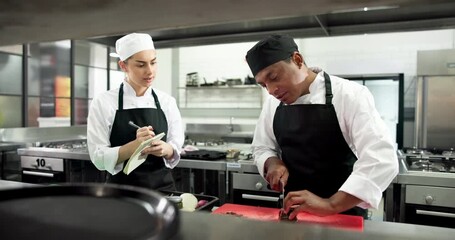 Cooking, mentor or people in restaurant with lesson, culinary knowledge or preparation in meal process. Hospitality, guidance or chef with training, cuisine instruction or dish production in kitchen