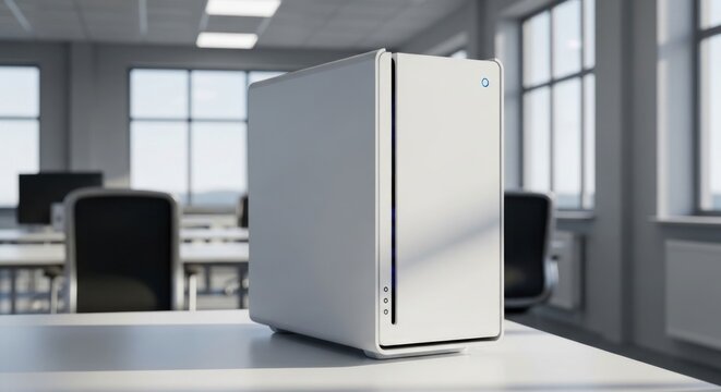 Modern white computer case on office desk (1)