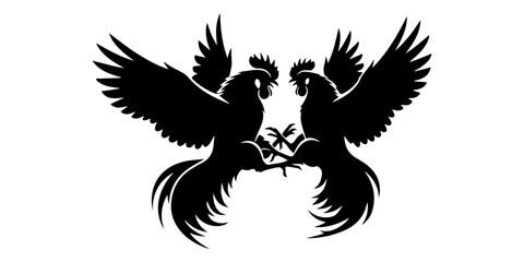 Obraz premium Two roosters fighting silhouette icon logo vector graphic design