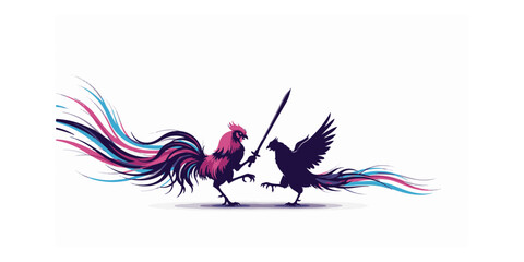 Two fighting roosters with swords silhouette illustration © imran