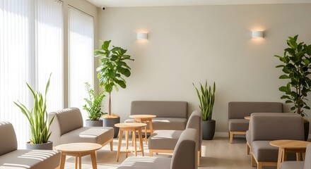 Fototapeta premium A serene, sunlit waiting area featuring comfortable beige armchairs, small wooden side tables, and lush green indoor plants against a neutral wall.
