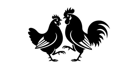 Fototapeta premium Black silhouette of rooster and hen facing each other, farm animals icon