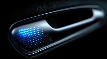 Modern car door handle with blue light design on dark leather