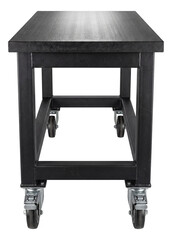 A mobile workbench with a durable top and locking wheels for versatile garage use.
