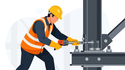 Construction worker using a drill on a steel beam.