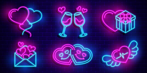 Set of Valentines day elements neon light effect on dark blue brick wall background. Love balloon, drink, gift box, love letter, smily love, love wing concept design.