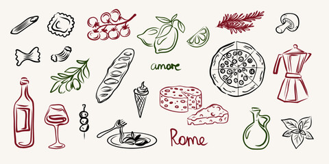 Hand drawn Italian food and culture clipart set in sketch doodle style. Mediterranean traditional cuisine elements. Vector illustration.