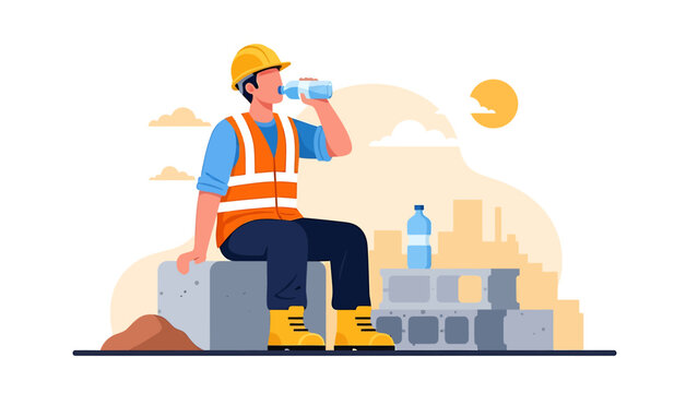 Construction worker taking a break and drinking water on a hot day.