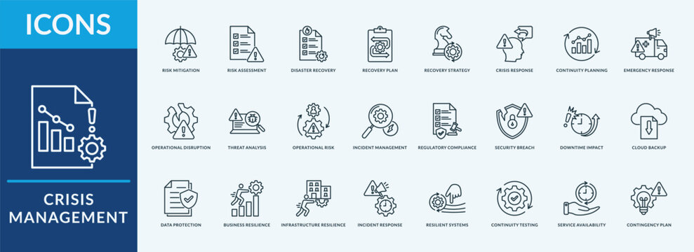 Crisis management icon collection set with risk mitigation, risk assessment, disaster recovery, data backup, system redundancy
