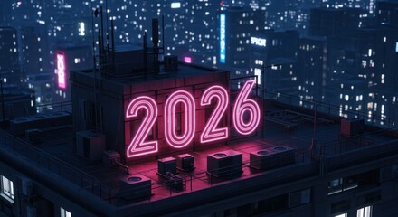 Neon 2026 displayed on a city rooftop at night