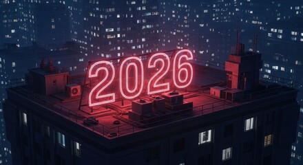 Neon 2026 on city rooftop at night