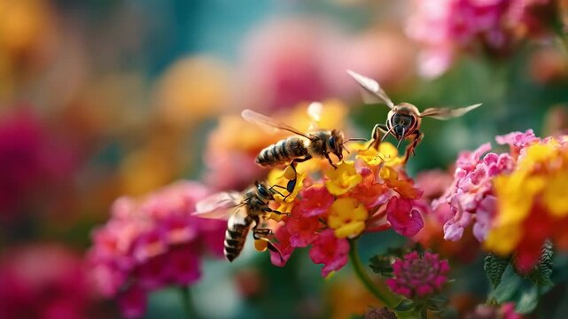Shot of bees actively collecting nectar from bright blossoms illustrating the vital role of insect pollination in successful flower cultivation.