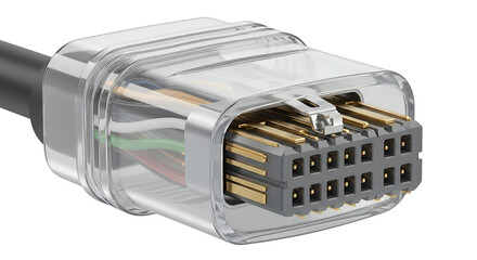 A close-up view of a transparent connector with gold pins isolated on transparent background