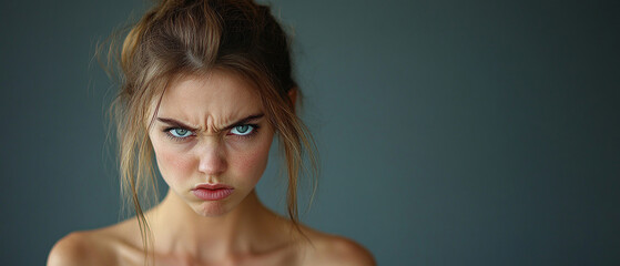 The photo shows a young woman with a tense expression on her face, conveying anger or irritation, which could symbolise emotional conflict — the perfect atmospheric backdrop 