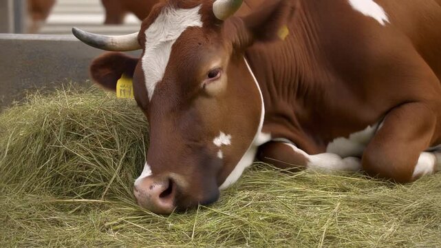A brown cow resting on a bed of hay with the sunlight. The cow has unique patterns on the fur and it has black horns