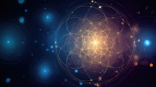 Illuminated celestial geometry with cosmic spheres and intricate details, dark space