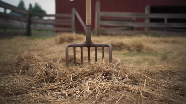 Close-up shot of a rake resting on a pile of hay in a rural farm setting. The rake's teeth are deeply embedded in the golden hay, hinting at recent agricultural activity