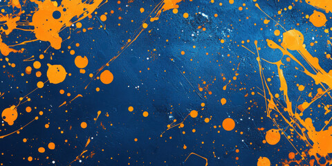 abstract orange paint splatters drops drips on deep blue textured background