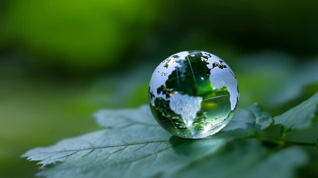 Stunning glass globe on green leaf symbolizing environmental awareness and sustainability