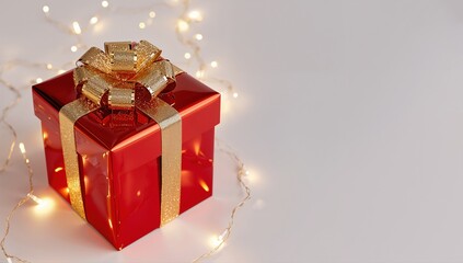 Red Christmas gift box with gold ribbon and fairy lights 